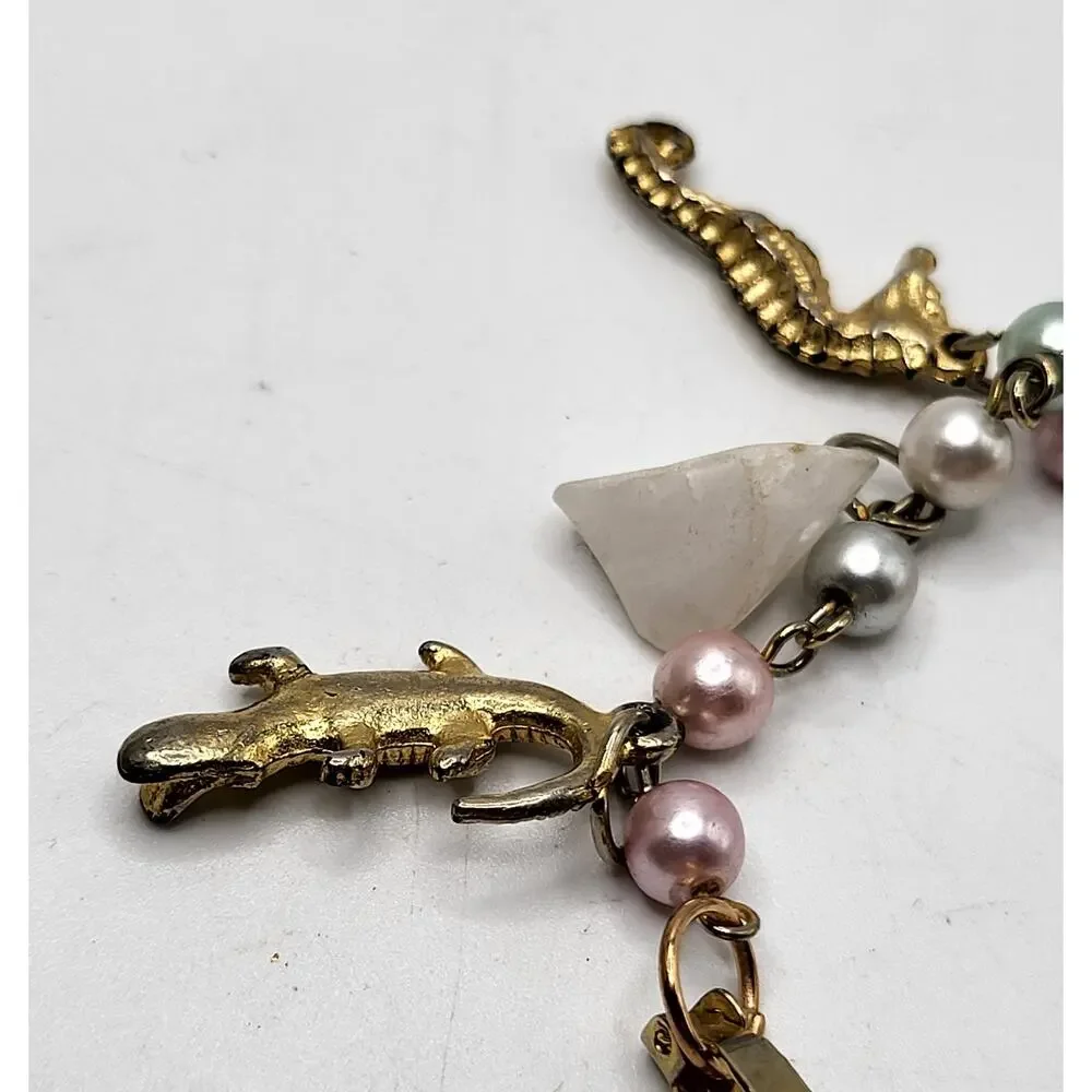 Vintage Charm Bracelet Ocean Nautical Seahorse Palm Trees Alligator Fish Pearl - Picture 5 of 11